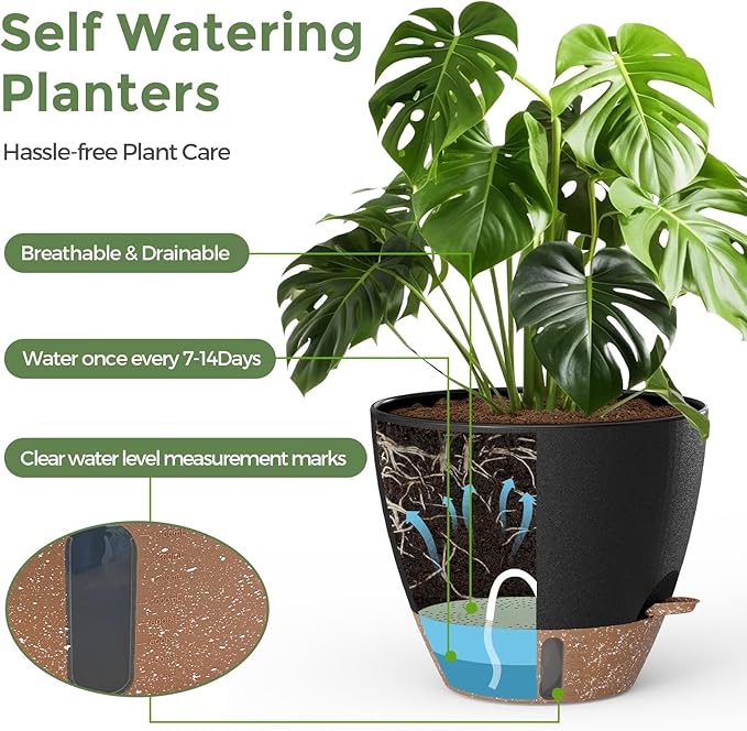 Plant Pots, 12" 10" 6" 8" Self Watering Pots with Water Level Indicator, Set of 5 Flower Pots Indoor with Drainage Holes, Modern Planters for Indoor Outdoor Plants, Room & Office Décor