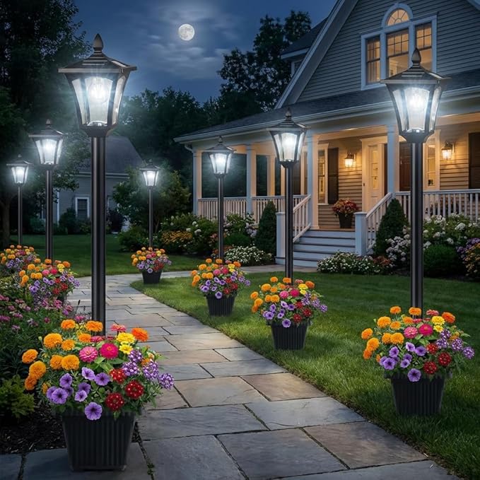 Benany 76" Solar Lamp Post Lights with Planter, Glass & Metal Street Light Outdoor Waterproof, 60 Lumens Dusk to Dawn Solar Pole Light for Garden, Yard, Driveway, Porch, Patio, Cool White