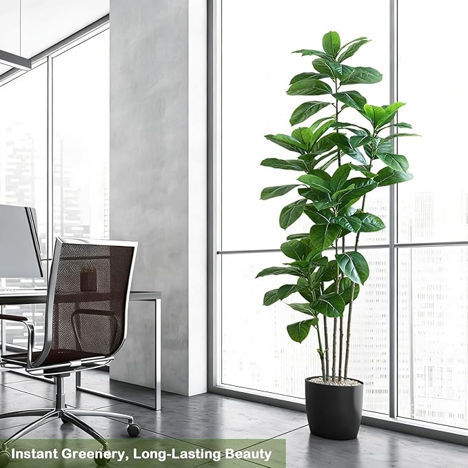 Ficus Tree Artificial Plants Indoor, 6FT Tall Fake Trees in White Pot, Large Potted Silk Floor Plant Artificial Trees, Green Lifelike Faux Ficus Tree for Home Room Office Porch Decor-Green