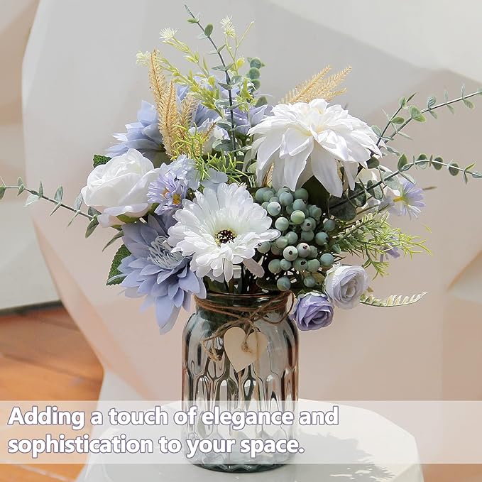 Fake Flowers with Vase, Silk Dusty Blue Rose Hydrangea Artificial Flowers in Vase Faux Dahlia Flowers Arrangement for Home Kitchen Living Room Summer Spring Decor Office Centerpiece Table Decorations