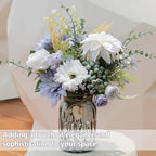 Fake Flowers with Vase, Silk Dusty Blue Rose Hydrangea Artificial Flowers in Vase Faux Dahlia Flowers Arrangement for Home Kitchen Living Room Summer Spring Decor Office Centerpiece Table Decorations