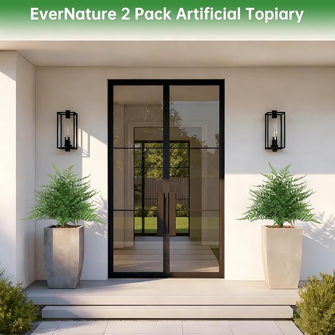 2Pcs Artificial Fern Topiary Trees, Fake Shrubs with Ground Spike, Faux Bushes for Porch Plants, UV Resistant Artificial Evergreen for Outdoors Indoor Front Garden