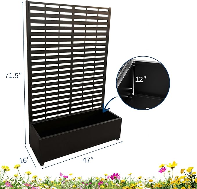 Metal Raised Garden Bed with Trellis & Privacy Screen, 71.5"x47"x16" Galvanized Metal Planter Box with Wheels & Drainage Holes for Patio Balcony Climbing Plants Flowers Vegetable, Black