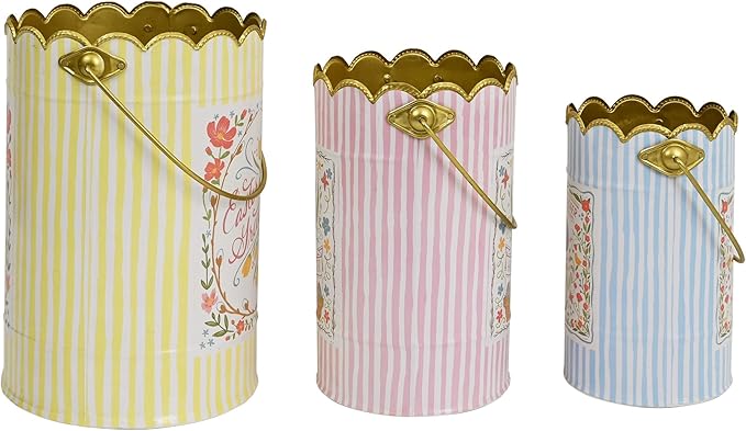 Set of 3 Vintage Floral Metal Bucket, Multi-Size Planters for Flowers & Easter Egg Containers, Rustic Garden & Home Decor