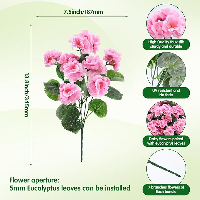 14Pcs Geranium Artificial Flowers for Outdoors Decoration Geranium Silk Flowers Outsides UV Resistant Garden Plant Faux Flower for Front Door Garden Porch Planter Patio Balcony Yard Indoor Home (Pink)