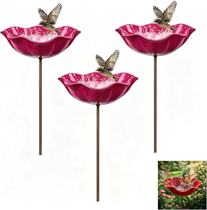 Handmade Metal Flower Garden Stake Bird Bath, Hummingbird Feeder, Bee & Butterfly Puddler, Mini Pollinator Watering Station for Garden Patio Lawn Yard Decor, Rose red, 3PCS