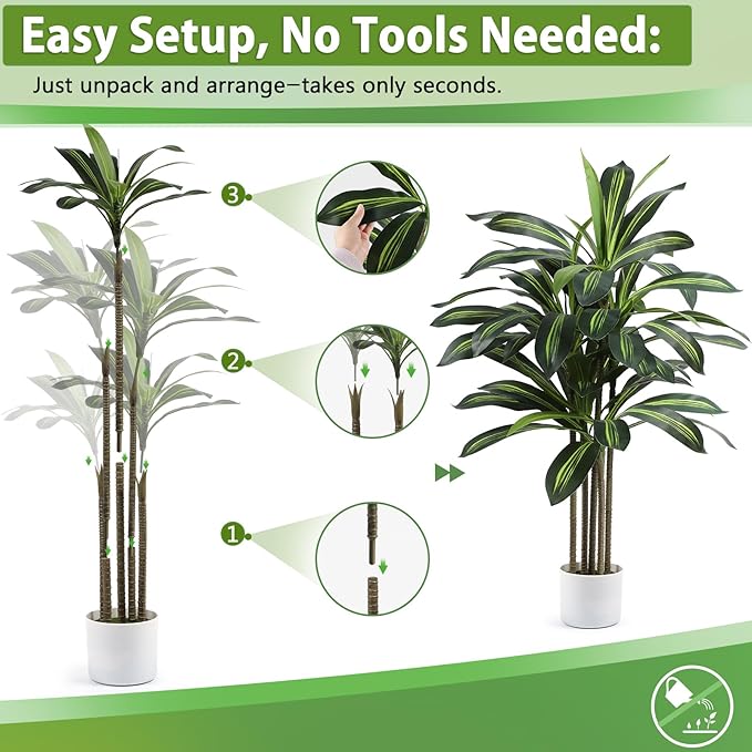 Artificial Dracaena Tree 4FT Fake Plant with White Small Planter Faux Silk Tall Floor Plant in Pot Artificial Tree for Home Office Living Room Decor Indoor