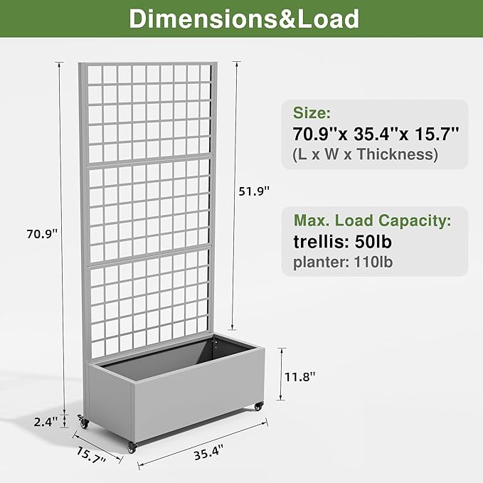 Casaphoria Metal Raised Garden Bed with Trellis and Wheels, 72"x35"x16" Planter Box for Climbing Plants, Vegetables & Vines, Features Drainage Holes and Privacy Screen (Gray-Grid)