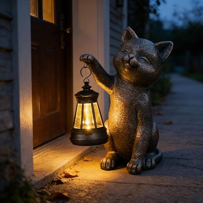 Solar Outdoor Cat Garden Statue,Outside Crafted Garden Sculptures & Statues for Patio, Yard, Lawn, Gardening Gifts for Women and Mom
