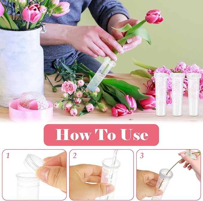 DAJAVE 100 Pack Floral Water Tubes 60 ML 4.3 Inch Plastic Water Tubes for Flowers, Clear Flower Vials with Caps for Fresh Flower Arrangements