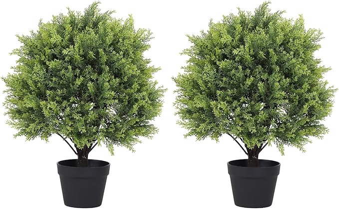 2ft Artificial Cedar Topiary Ball Trees Outdoor, 24" UV Resistant Faux Potted Plants Outside, Realistic Fake Greenery Evergreen Pine Cypress Bushes Shrubs for Front Porch Planter Indoor Decor Set of 2