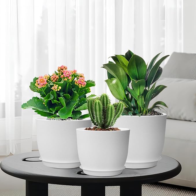 WSMKSZ 12/10/9 inch Large Plant Pots, 3 Pack Modern Decorative Plastic Planters with Drainage Holes and Saucers, Flower Pots for Indoor Outdoor Plants, White