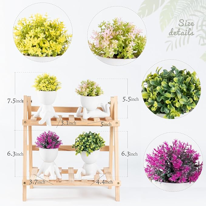Zerzsy 4PCS Small Artificial Succulent Plants with Creative Human Shaped Pots, Fake Desk Plant Greenery Potted for Home Office Indoor Shelf Decoration (White)