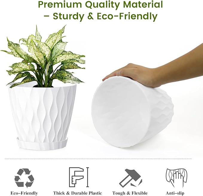 UOUZ 8 Inch Plant Pots, 2 Pack Plastic Planters for Indoor Outdoor with Drainage Holes & Saucers, Waffle Texture Flower Pots for Indoor Plants, Indoor Plant Pots for Monstera, Fiddle Leaf Fig, White