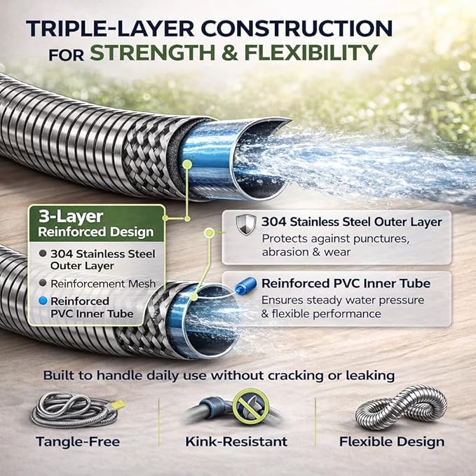Metal Garden Hose 75 ft – 304 Stainless Steel Water Hose with Nozzle Sprayer, Garden Hoses Flexible, Lightweight, No Kink, Heavy Duty for Outdoor (75 ft)