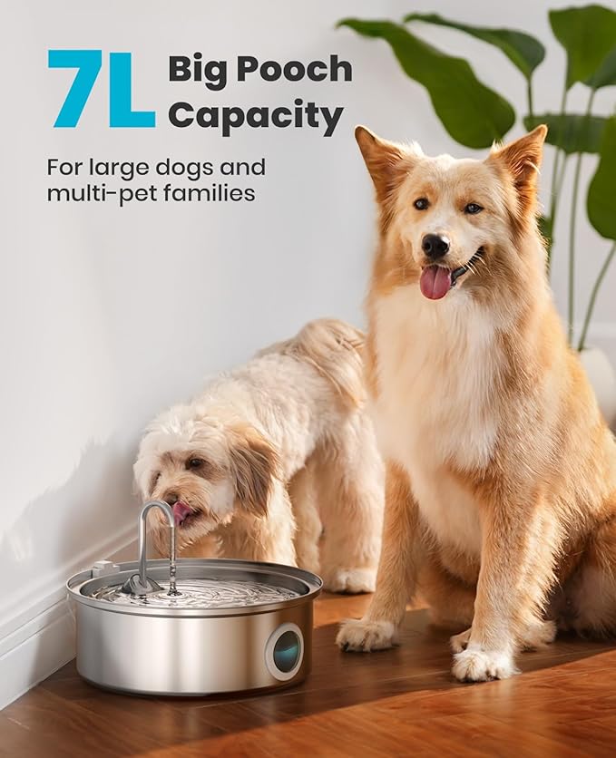 oneisall Dog Water Fountain Stainless Steel for Large/Medium Dogs,7L/230oz Pet Fountain with Visual Water Level,Ultra-Quiet Water Bowl with 5-Stage Filtration,Dispenser for Living Room Kitchen