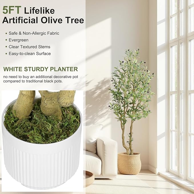 HZXGCP Olive Tree 5ft, Artificial Olive Tree with White Pot, Fake Tree with 1152 Dense Leaves & 64 High-Simulated Olive Fruits - Easy Assembly, Low Maintenance (Olive Tree 5ft)