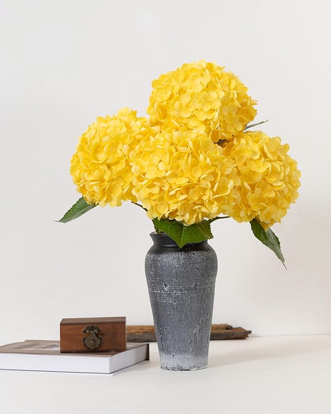 DuHouse 3Pcs Hydrangea Artificial Flowers,Latex Real Touch Hydrangeas with Long Stems & Leaves for Home Decor Party Floral Arrangements Wedding Bouquets Centerpieces(Yellow)
