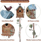 Baroque Cottage Bird House Stake for Outside with Pole, Distressed Metal Birdhouse Stand for Outdoor Garden,Purple