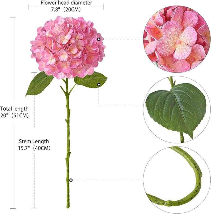 ZYTUYO 4PCS 20'' Bright Pink Real Touch Hydrangeas Latex Artificial Flowers for Baby Shower Birtiyday Wedding Pink Partry Flower Arrangeament Home Living Room Table Centerpiece