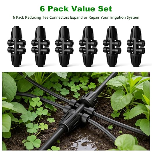 1/2 Inch to 1/4 Inch Barbed Tee Connectors, Drip Irrigation Reducing T Fittings for Main Line to Branch Line Conversion, Quick-Install Leak-Free Irrigation Connectors, 6 Pack