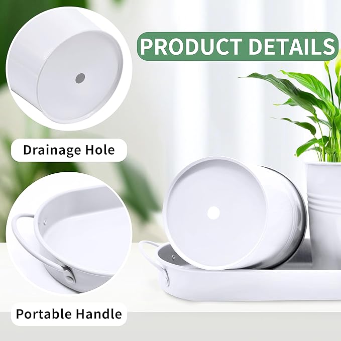 TCBWFY Indoor Herb Garden Planter Set - 3 Pack 4.7" White Metal Plant Pots with Drainage Holes & Removable Tray - Windowsill Kitchen Counter Balcony Office Garden