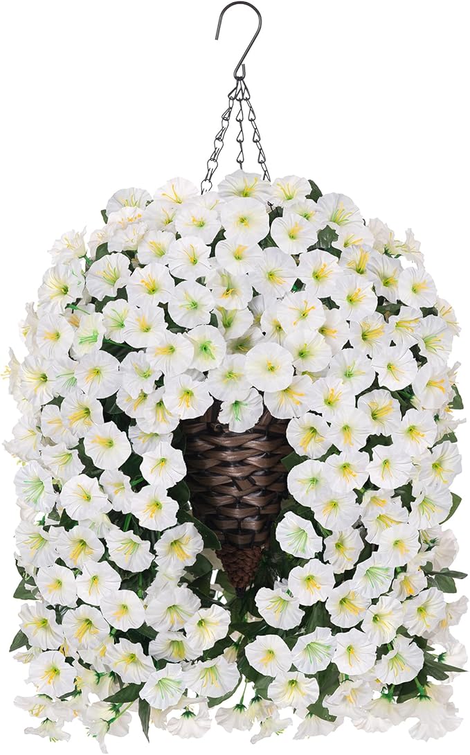 Artificial Fake Flowers Plants Hanging Baskets for Outdoor Outside Decor, Faux Silk Hanging White Morning Glory Trailing Vines UV Resistant for Porch Patio Home Decoration
