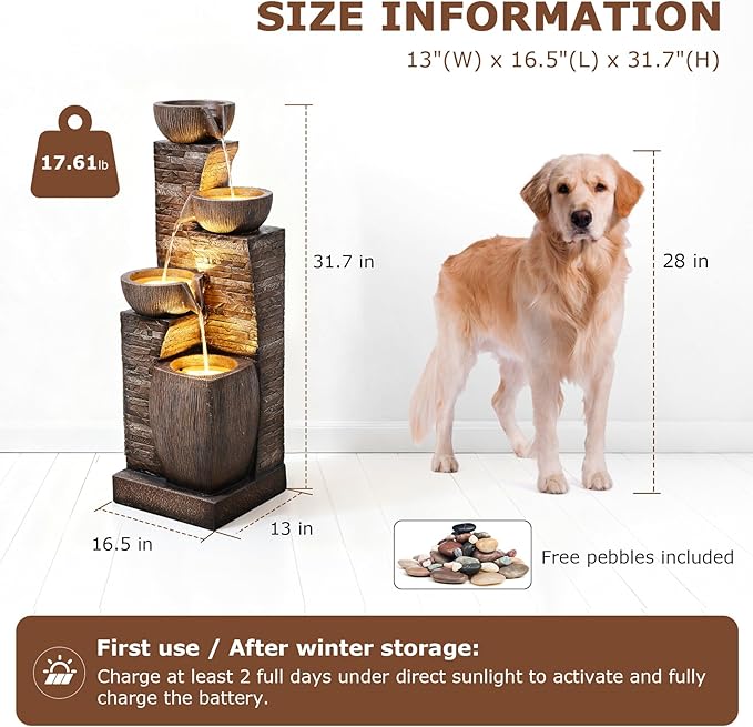 38.2" Tall Solar Powered Water Fountain for Outdoor,4 Tiers Modern Cascading Bowls and Stacked Stones Solar Fountains with LED Lights for Garden, Patio, Deck, Backyard and Home Art Decor