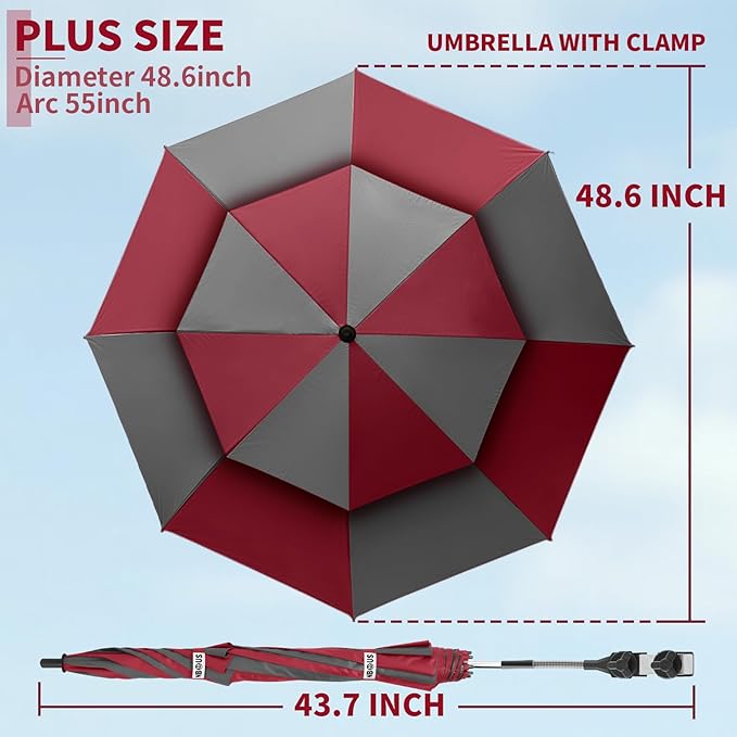 2 Pack 48.6" Double Canopy Beach Umbrella with Clamp, UPF50+ Beach Chair Umbrella with clip, 360°Adjustable Portable Outdoor(Wine Red/Grey, Not Include Chair)