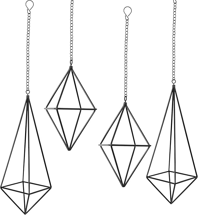 4 Pcs Hanging Air Plants Holders Black Himmeli Large Geometric Tillandsia Air Plant Planter Hangers Airplants Display Wire Frame with Chains Wall Metal 2 Size