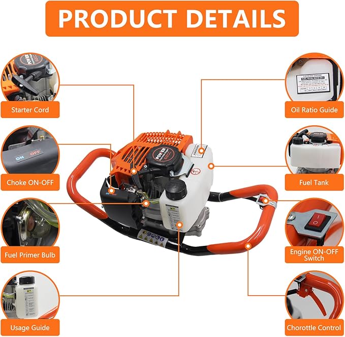 62CC Auger Post Hole Digger, 2 Stroke Gas Powered Earth Post Hole Digger with 2 Auger Drill Bits(6" & 8") + 1 Extension Rods for Farm Garden Plant, Orange (62CC)