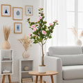 Garvee 4FT Artificial Camellia Tree, Faux Camellia Plant with White Planter and 24 Pink Flowers, 47" Fake Potted Flower Trees for Home and Office Decor, Pink