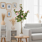 Garvee 4FT Artificial Camellia Tree, Faux Camellia Plant with White Planter and 24 Pink Flowers, 47" Fake Potted Flower Trees for Home and Office Decor, Pink
