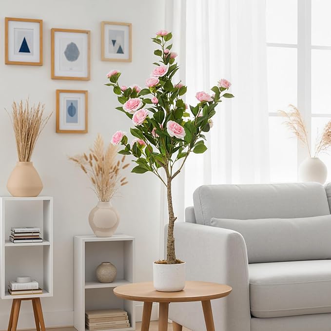 Garvee 4FT Artificial Camellia Tree 2 Pack, Faux Camellia Plant with White Planter and 24 Pink Flowers, 47" Fake Potted Flower Trees for Home and Office Decor, Pink