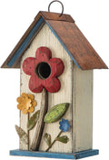 Glitzhome Bird House for Outdoor Hanging, 10.2" H Garden Decorative Birdhouse Pet Cottage Distressed Wooden Bird House for Outside, Bird Nest Box for Bluebird Wren Chickadee Sparrow, Flower White