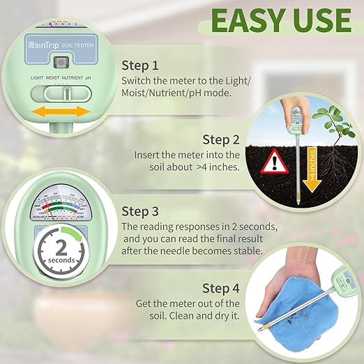 Soil Moisture Meter,4-in-1 Soil Ph Meter, Soil Tester for Moisture, Light,Nutrients, pH,Soil Ph Test Kit, Great for Garden, Lawn, Farm, No Battery Required, Gifts for Plants Lover
