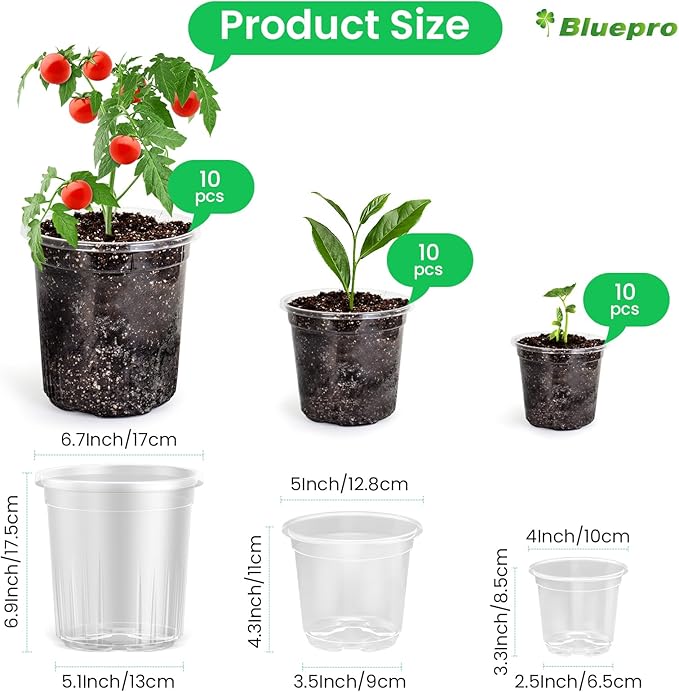 Bluepro 36 Packs 5/4/3.5 Inch Reinforced Clear Nursery Pots with Drainage Hole, Transparent Variety Pack Plastic Plant Pot Seedling Planter for Vegetable Propagation, Root Cutting, Seed Starting