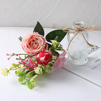 AFRITEE Flowers Bouquet in Small Vase - Pink Rose Artificial Fake Centerpiece Potted Flowers with Transparent Vase Set for House Dining Room Farmhouse Coffee Wedding Table