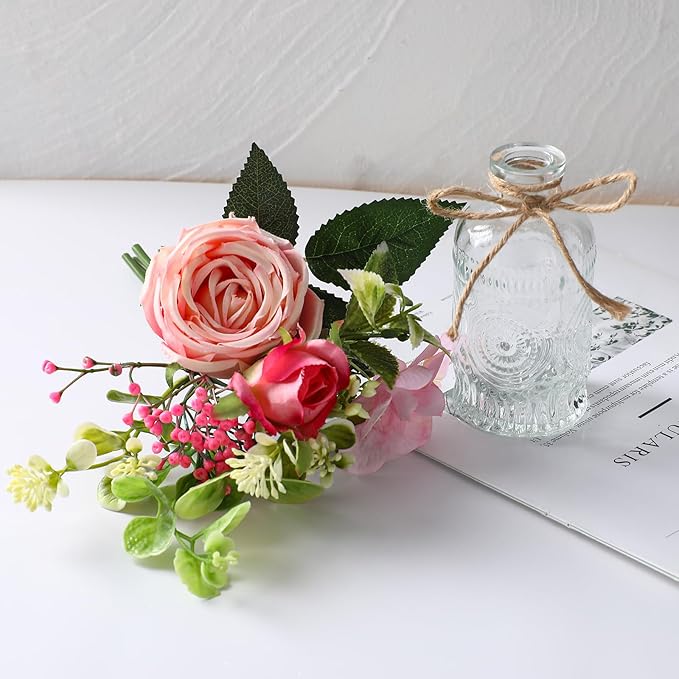 AFRITEE Artificial Flowers with Small Vase - Orange Potted Fall Rose Floral Arrangements Artificial with Small Vase for Home Living Office Wedding Coffee Centerpiece Table