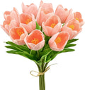 Mandy's Light Pink Partially Open Artificial Tulips Flowers Centerpiece, 13.5" Lifelike PU Fake Floral Stems 12pcs for Kitchen Island & Dining Table, Spring Decor for Easter