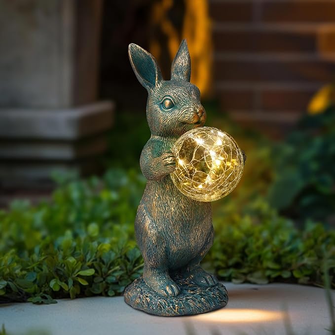 Solar Rabbit Statue with LED Lights, Outdoor Garden Decor, Bunny Figurine for Patio Yard, Lawn Ornament, Easter & Housewarming Gift