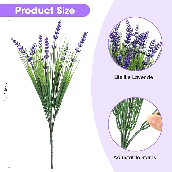 Bassion Artificial Flowers for Outdoors, 24 Bundles Fake Lavender Flowers UV Resistant Plastic Plants Faux Purple Monkey Grass for Home Porch Garden Window Box Indoor Outdoor Decorations