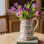 Vintage Colorful Flower Ceramic Vase with Handle, Retro Ice Glazed Crack Farmhouse Pitcher Vase for Home Decor, Living Room, Shelf, Office, Rustic Table Centerpiece 7 Inch