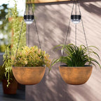 BAYN 2 Packs Solar Hanging Basket Planters for Plants Outdoor, Self Watering Bronze Flower Plants Pots with Solar Light Drainer for Balcony Patio Garden Outdoor Decoration