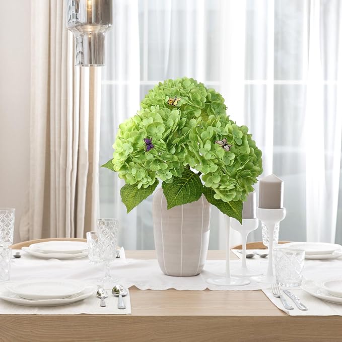 Leftover 21" Green Hydrangea Artificial Flowers,3 Pcs Real Touch Hydrangea Flowers with Butterflies for Centerpiece Table Decorations,Floral Arrangements for Coffee Table Decor,Living Room Decor