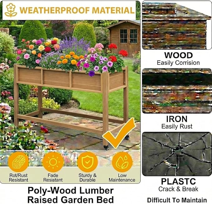 DWVO 47x18x31in Raised Garden Bed HDPE, Weather-Resistant Poly Wood Planter Box Stand, Planter Box with Legs & Lockable Wheels, Elevated Garden Bed for Backyard Patio Balcony - Brown