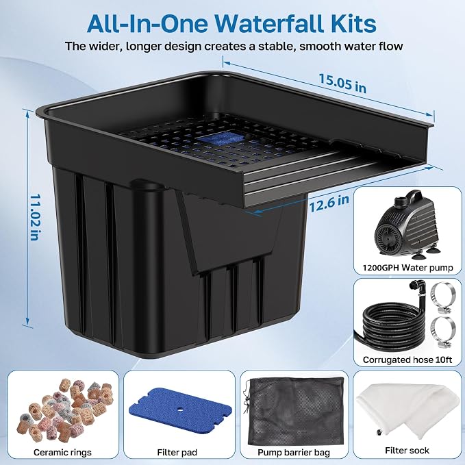 POPOSOAP Pond Waterfall Spillway Kit with 1200GPH Pond Pump & S104 Pond Filter, Filter Media, Pond Spillway for Outdoor Pondless Waterfall and Streams, Pondless Water Feature