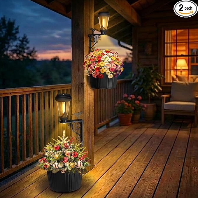 2Pcs 7.9 Inch Solar Lights Planter Dual-Sided 3000K Warm White Lighting, 2 in1 (Wall/Stand) Flower Pots, Auto on/Off IP65 Solar Post Light with Planter Waterproof for Yard, Patio, Porch, Pathway Decor
