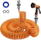 SPECILITE 3/8” Lightweight Coil Garden Hose 100 FT, EVA Retractable Curly Water Pipe with 6-Pattern Spray Nozzle for Boat, Greenhouse, Yard, Patio (Orange)