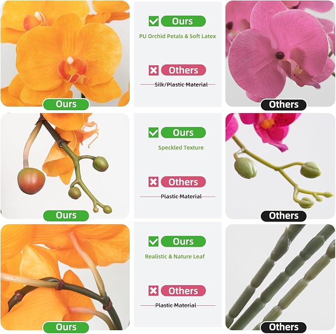 CXGS Orchids Artificial Flowers Realistic Fake Flowers in Ceramic Vase 20" Orange Faux Plants Indoor Lifelike Soft PU Phalaenopsis for Centerpiece Hotel Home Decor